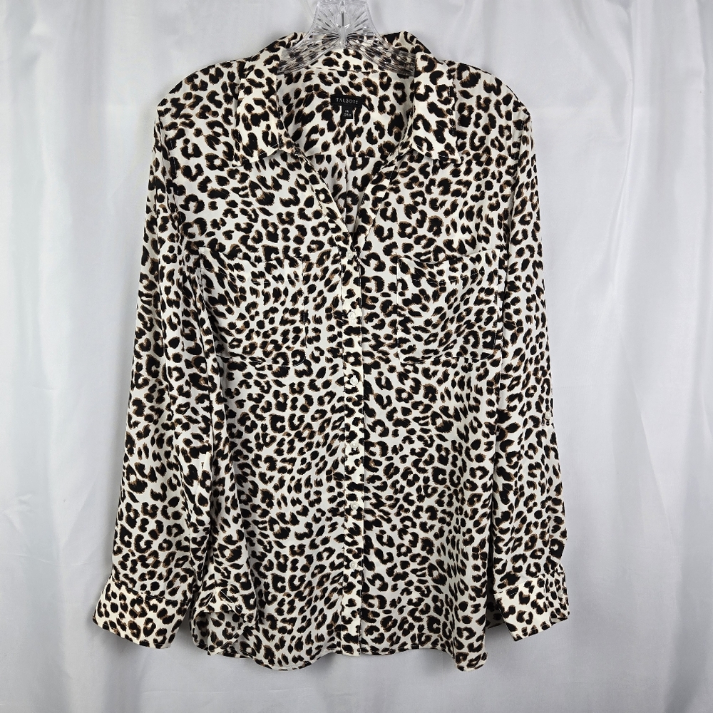 Talbots Womens Leopard Print Roll Tab Long Sleeve Button Down Top Size XL